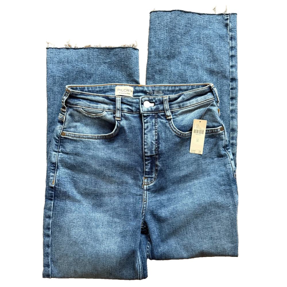 Pilcro Script Straight Leg Jeans Size 28 Medium Wash Raw Hem NWT